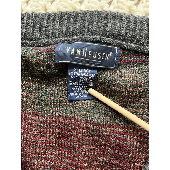 Vintage 90s Striped Grandpa Sweater Red Green Copper V-neck Cosby Size XL - Picture 3 of 3